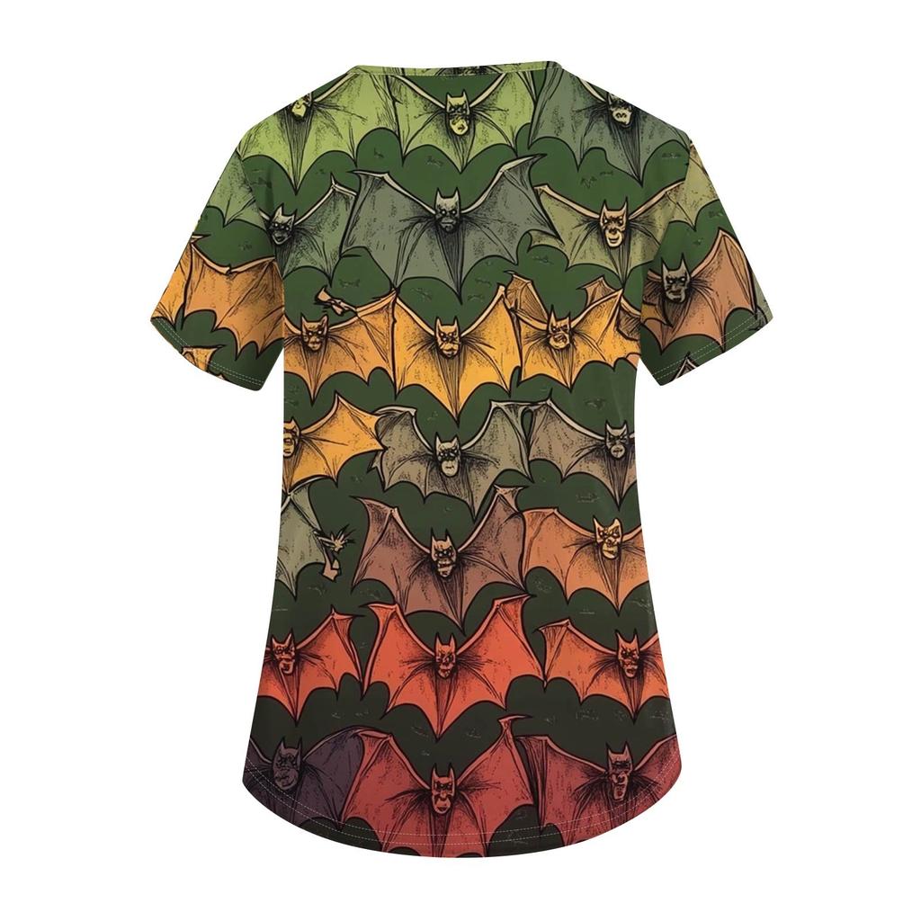 Women's Fashion V-neck Short-sleeved Work Uniform With Pockets, Halloween Print Top