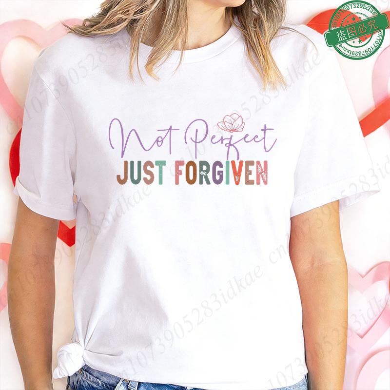 Nicht Perfekt Nur Vergeben T-Shirt für Damen Herz Kreuz Grafik T-Shirt Lässige Kurzarm O-Ausschnitt Oberteile Inspirierendes Christliches Geschenk