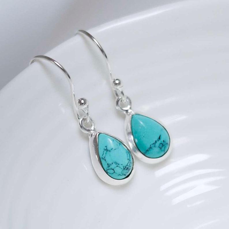 Solid 925 Sterling Silver Synthetic Turquoise Pear Shape Gemstone Dangle Drop Earrings