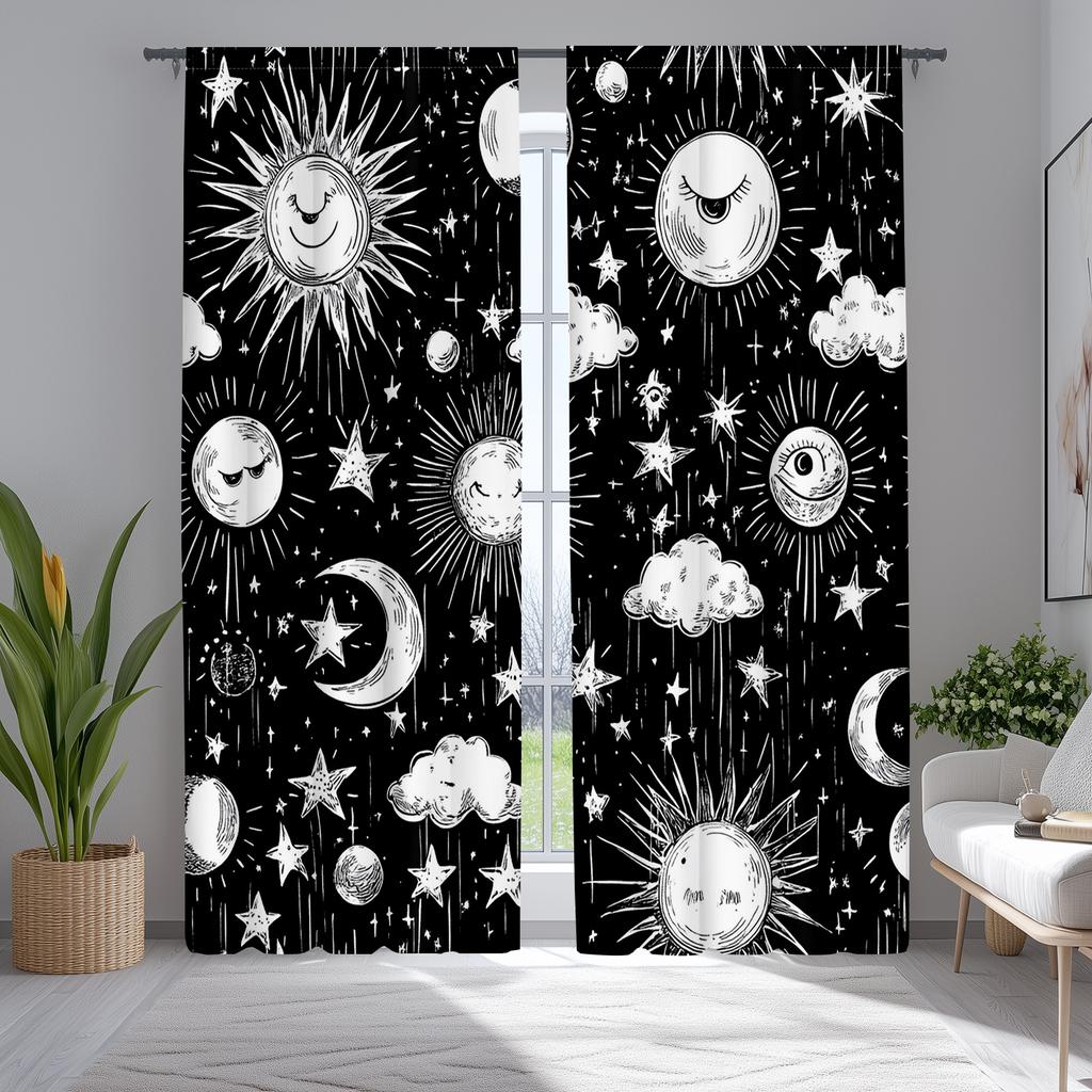 2pcs Classic Mystic Witch Polyester Curtains, Boho Sun Moon Star Mandala Print, Black and White Bedroom Decorative Drapes, for H