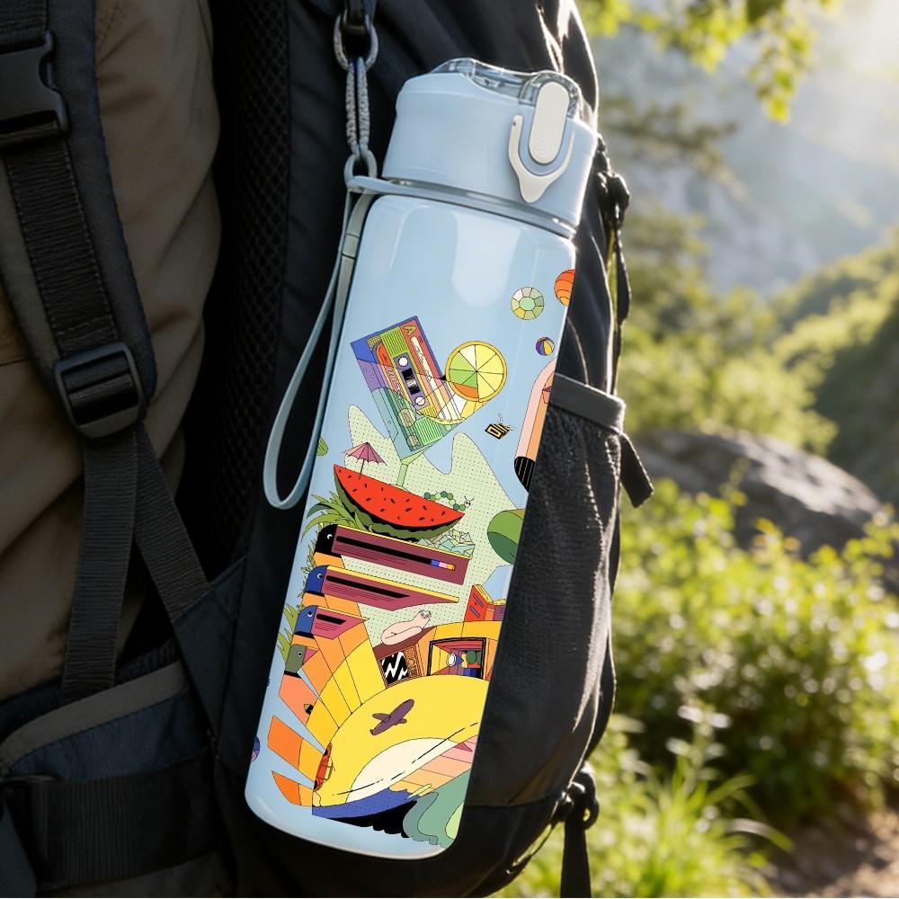 1PC Diamond Twist Abstract Graffiti Art 750ml Color Plastic Sports Water Bottle Leakproof Flip Straw Lid Suitable for Sports Office Home Use