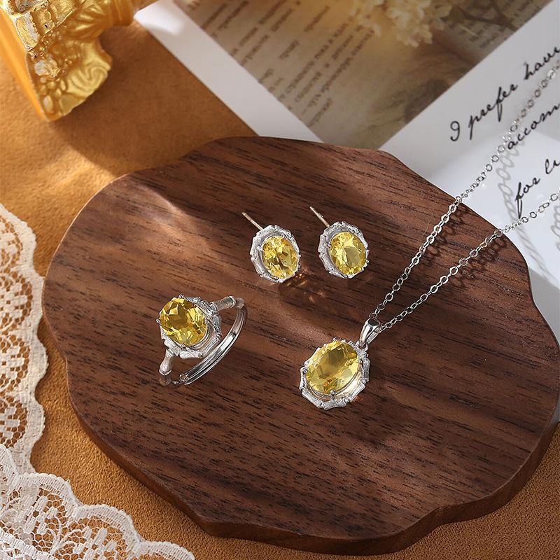 S925 sterling silver stud earrings necklace ring set with natural crystal stone brushed craftsmanship light luxury section high-rise jewelry set