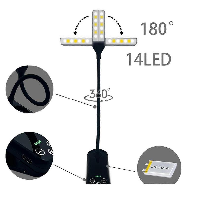 Dual Heads 14 LED Touch Control Reading Light with 8 Brightness USB Rechargeable Eye Care Book Light Clip on Book/Desk