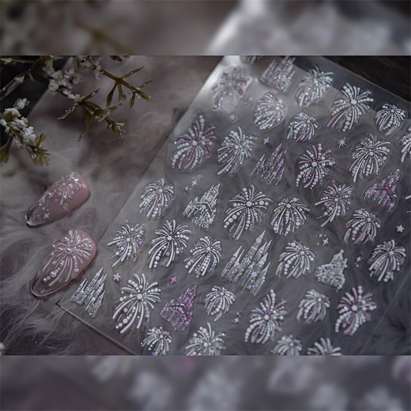 Pretty Colourful Firework Castle Shiny Romantic Pyrotechnics Embossment Self Adhesive Nail Art Stickers New Year Manicure Decals