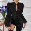 ZANZEA Women Casual Stand Collar Long Sleeve Lace Crochet Patchwork Blouse