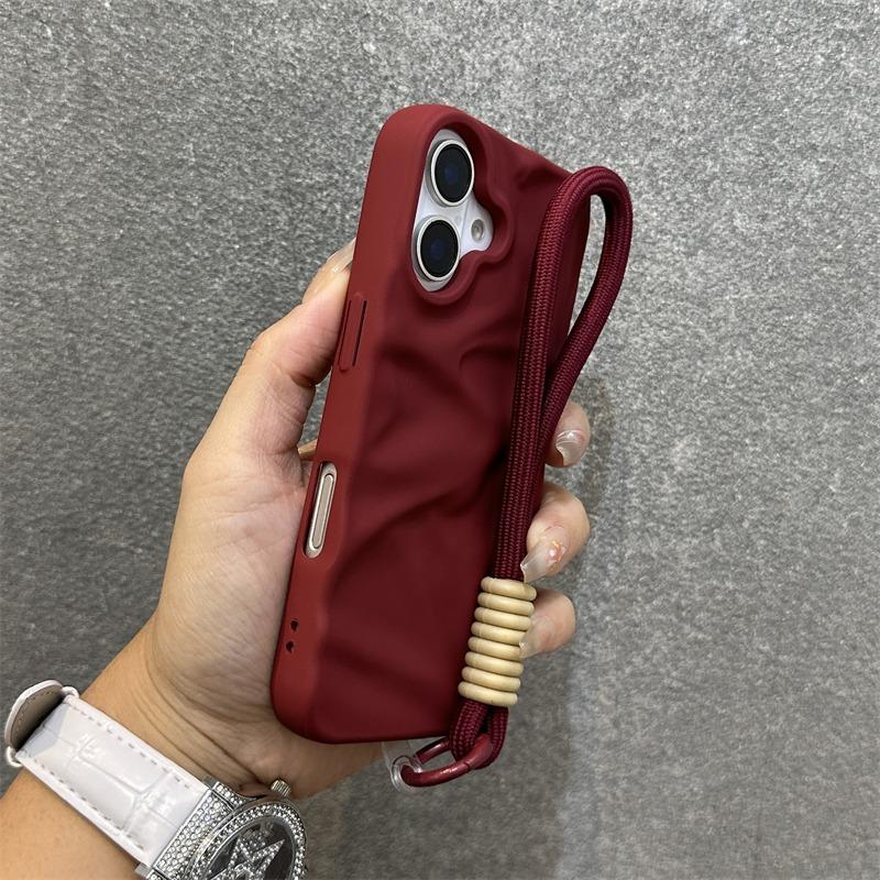 Fashion Solid Colours Pleated Lanyard Cover for iPhone 17 Air 17 16 15 14 13 12 Pro Max Plus Bracelets Slim Silicone Soft Case