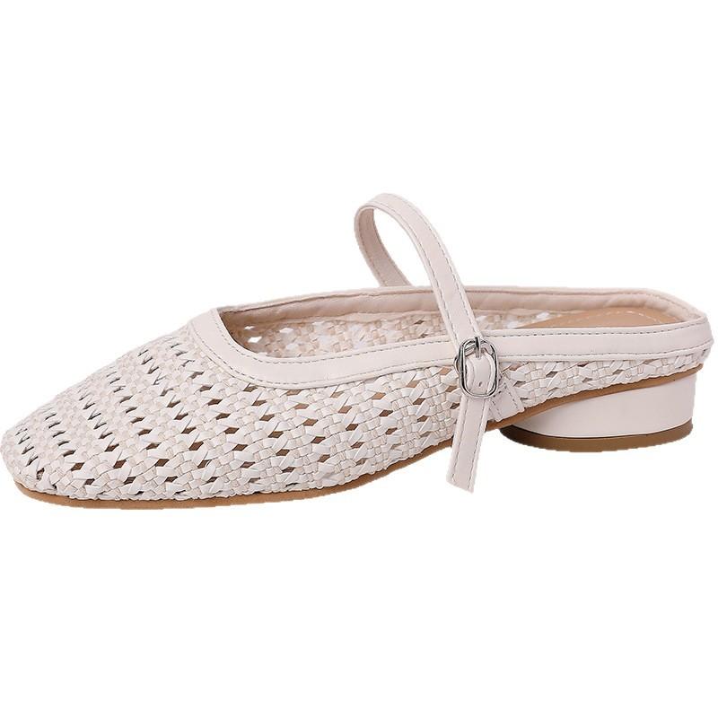 Woven hollow and breathable commuter bag head half slippers women's summer new outer wear one pedal versatile slope heel sandals tide