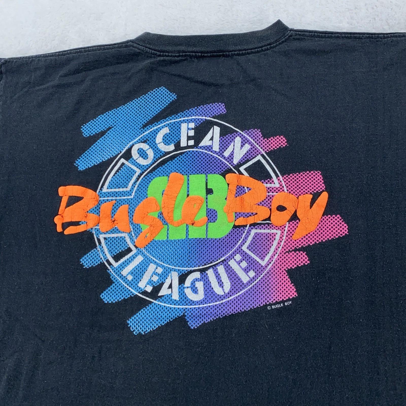 

Vintage Bugle Boy Shirt Mens Large Black Ocean League Neon Graphic Made USA 90s XL