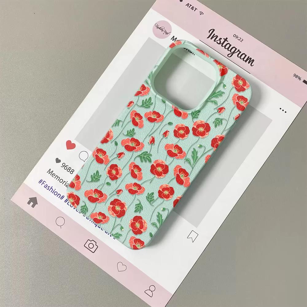 

Red Poppy Floral Print Phone Case For iPhone 17 Pro Max 16 Plus 15 Pro 14 13 12 11 XR 17Air Lychee Textur Soft Cover iPhone XS Max зелёный