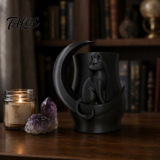 3D Printed Moon Cat Vase, Decorative Fresh/Dried Flowers Vase, Minimalist Pen & Makeup Brush Storage Holder, Unique Desktop Decor Gift for Cat Lovers