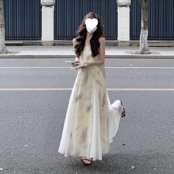 2025 Summer Chinese-Inspired Ink Painting Spaghetti Strap Long Dress Small