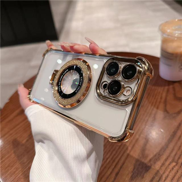 For iPhone 16E 16 Pro Max Luxury Flash Holder Stand Plating Frame Phone Case For iPhone 11 12 13 14 15Plus Lens Protective Cover