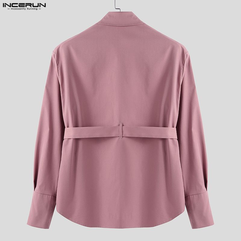 INCERUN S-5XL Men Casual Lapel Neck Long Sleeve Buttons Up Belt Shirts Tops