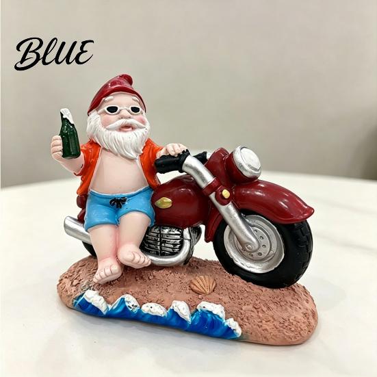 Polished Corner Decoration Funny Summer Beach Santa Motorcycle Figurine with Beer, Resin Motorbike Gnome Outdoor Waterproof Ornament Sculpture, Garden