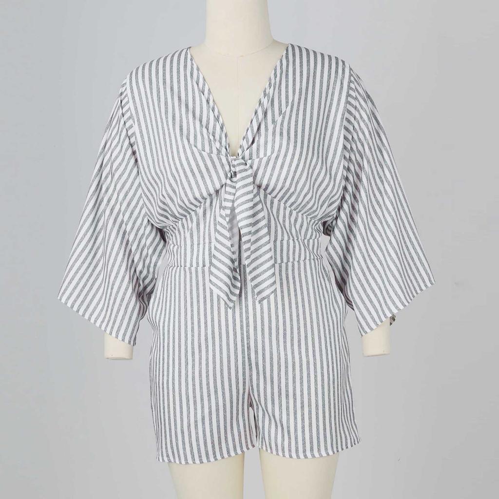 Summer Women'S Beach Resort Striped Knotted Tie Half-Sleeve V-Neck Slim Fit Waist Elastic Jumpsuit