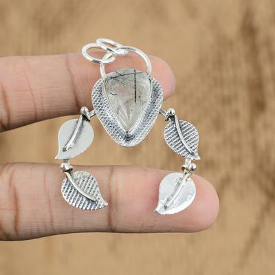 Natürlicher Schwarzer Rutil Elegantes Trendiges Art Deco Anhänger Schmuck 925 Sterlingsilber