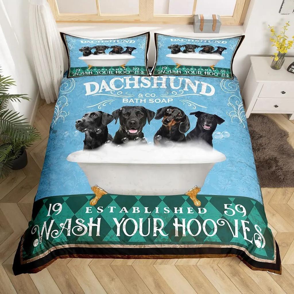 Dachshund Theme Duvet Cover Set Cartoon Puppy Bedroom Quilt Cover Three-Piece Bedspread