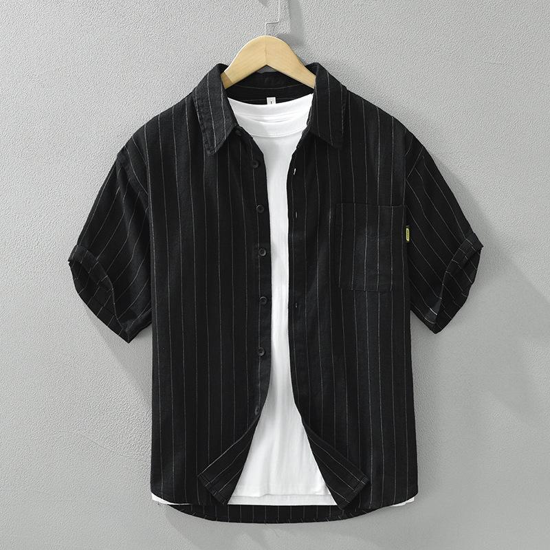 Men's Vertical Stripe Patch Pocket Short Sleeve Button Down Shirt Casual Streetwear Top