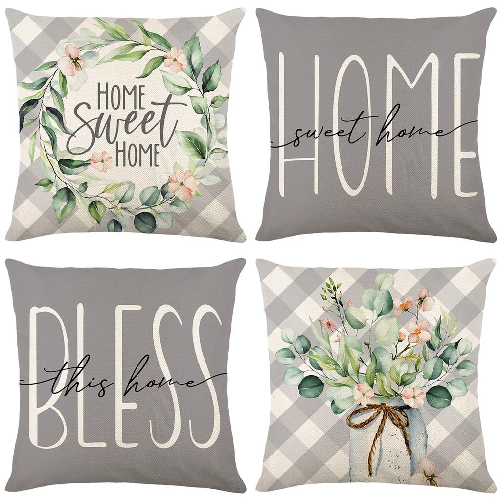 4 Stück Blumen Überwurf Kissenbezüge Quadratisch Leinen Taillenschutz Kissenbezug Bett Sofa Kissenbezüge Heimdekor Kissenbezüge 45x45CM