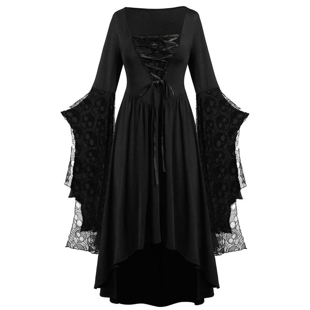 Women Gothic Skull Lace Bell Sleeve High Low Dress Halloween Cosplay Square Neck Lace Up Vintage Witch Party Long Dress