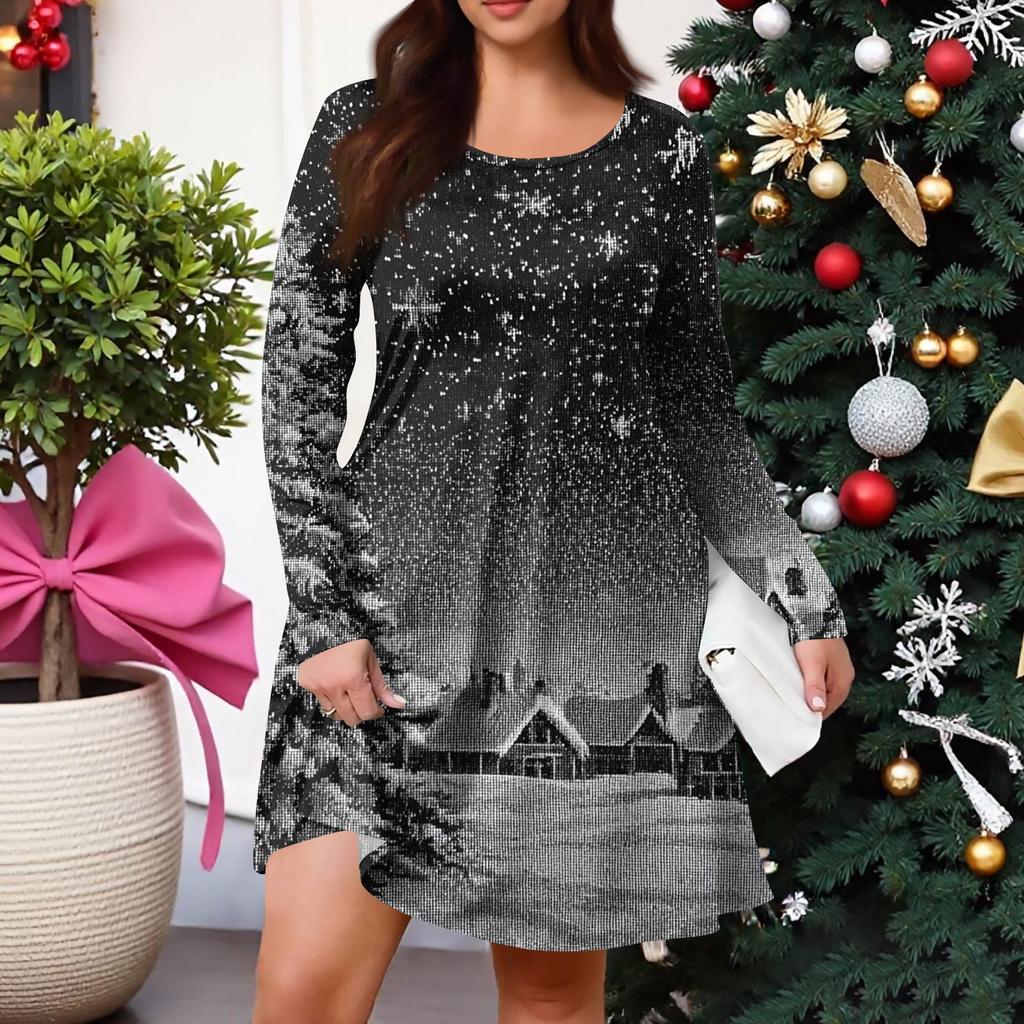 Dámské ležérní šaty s gradientním potiskem, kapsou, kulatým výstřihem a dlouhým rukávem ve větších velikostech na jaro/podzim