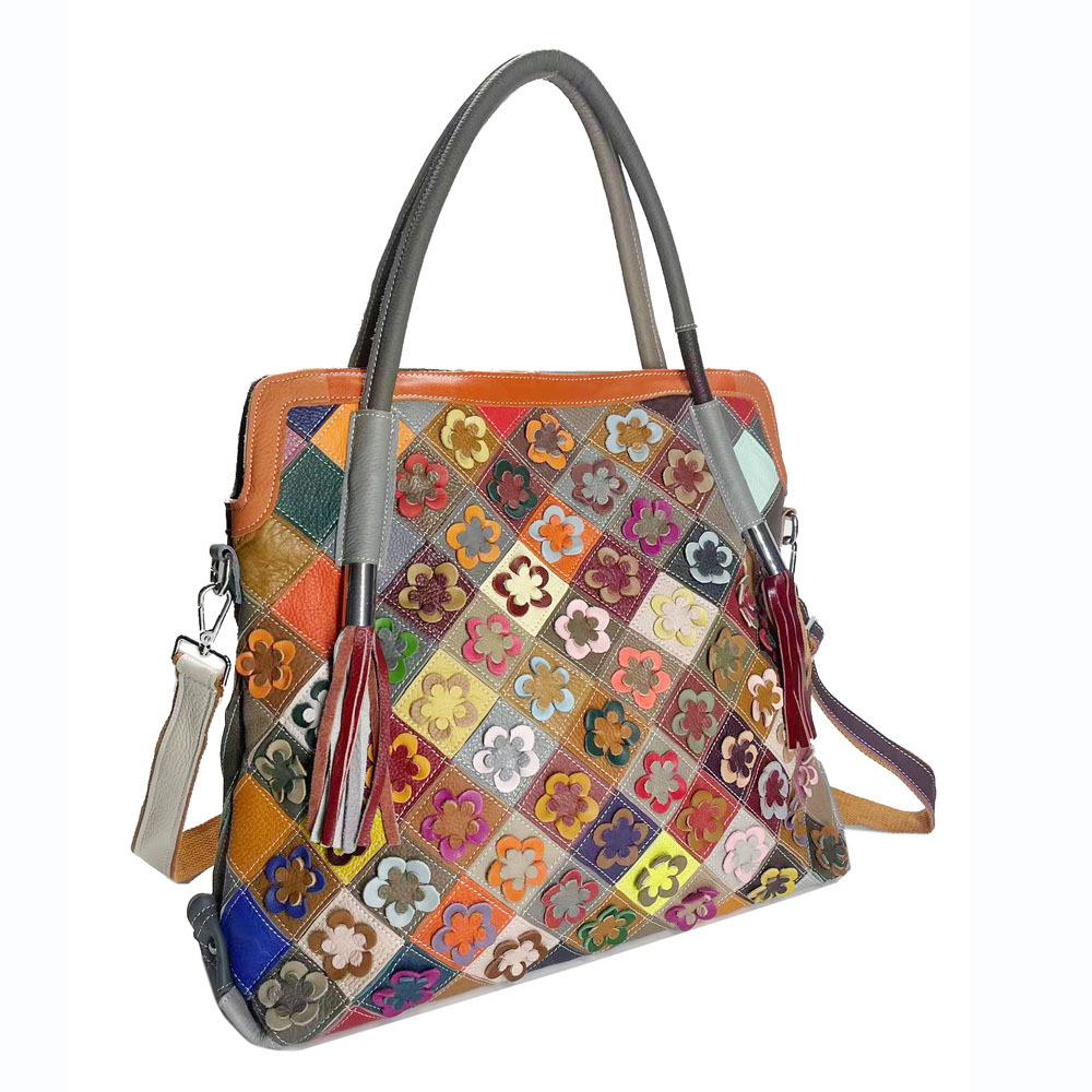 Women'S Bag Cowhide Women'S Bag Shoulder Bag Rhombus Colored Leather Flower Bag Portable Messenger Bag