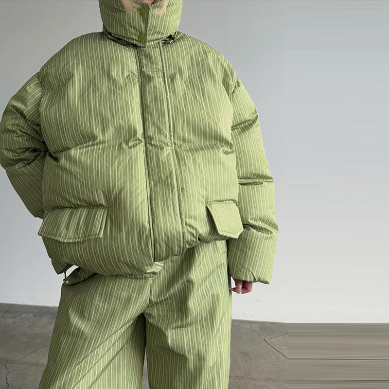 Fashion Stripe Women's Padded Cotton Coats Pant Suit Hooded Zipper Puffer Coat Loose Thick Pants Autumn Winter Lady Ski Set
