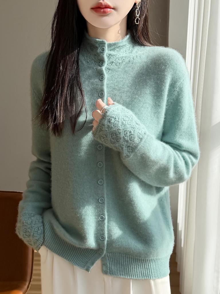 Exquisite Crochet High Neck Velvet Cardigan - Women's Autumn/Winter Warmth, Stylish Loose Fit Sweater Coat