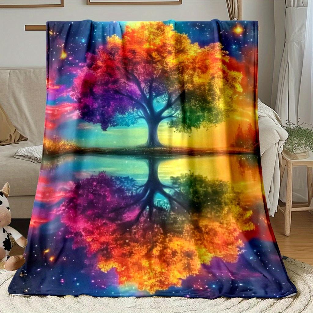 Rainbow Tree Flannel Blanket Cosmic Nature Art Vibrant Forest Scene Reflective Water Design Soft Fleece Throw HomeDecorSpiritual