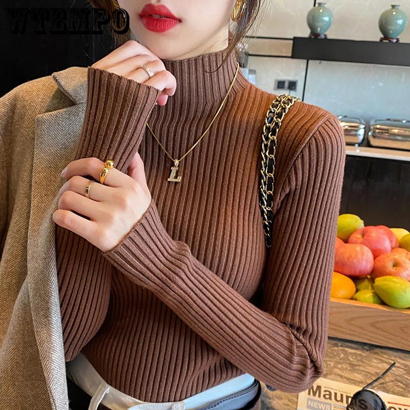 Solide schlanke Pullover Frauen gestrickte Pullover halb High Neck Langarm Topd Bottoming Shirt Jumper