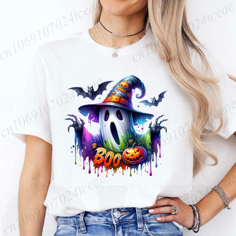 Women Cute Spooky Witch Print T Shirt Graphic Harajuku Streewear Halloween Horror Graphic Tee Clothes Causal Female Y2K Tops Tee