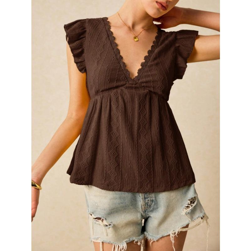 Camisa de Mujer Verano Calada Vacaciones Cuello en V Fruncida Manga Corta Encaje Blanca Blusa Moda Mujer Elegantes Tops Ajuste Ceñido Casual Suelta Camisas Femeninas