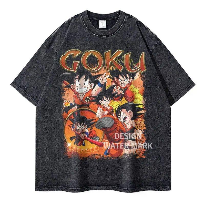 Dragon Ball Anime Washed T-Shirt Vintage Goku Vegeta Print Cotton Short Sleeve Loose Fit Men Women Casual Wear