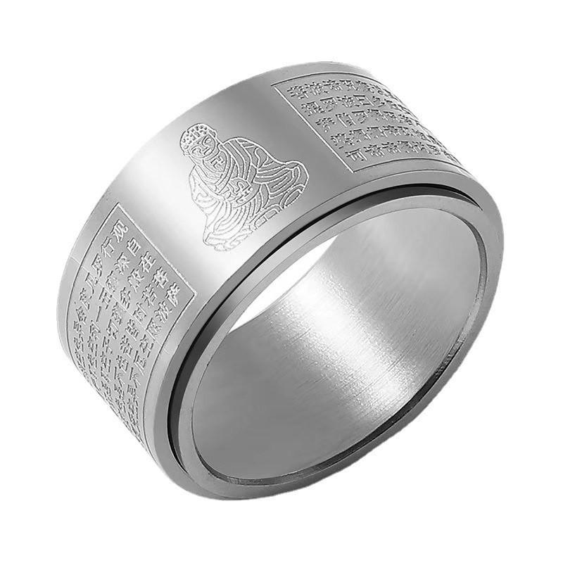 Rotating Titanium Steel Ten Thousand Words Amulet Ring: Eight Guardian Deities, Zodiac Birth Year, Heart Sutra for Men