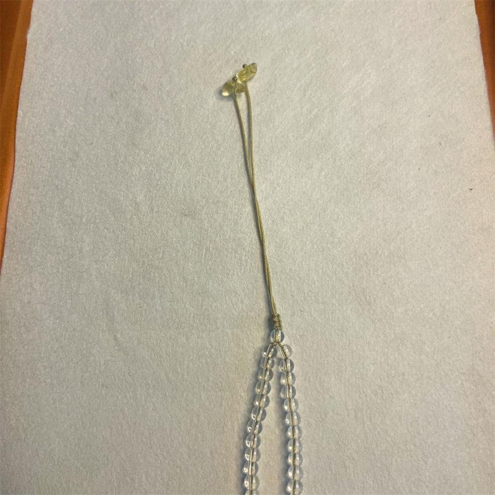 Hand-Woven White Crystal Bead Chain Necklace with Amber Pendant and Jadeite Gold Lanyard