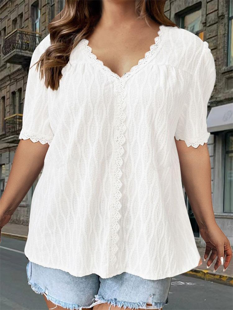 

Женская летняя футболка с коротким рукавом, кружевной отделкой, модная и элегантная XXL белый