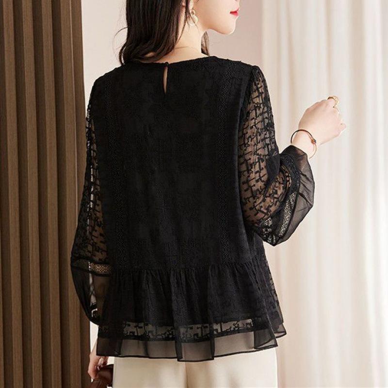 Blusas Caladas de Bordado de Seda Negra Primavera Otoño Elegante Suelta Casual Top Camisas Moda Mujer Características de las Camisas