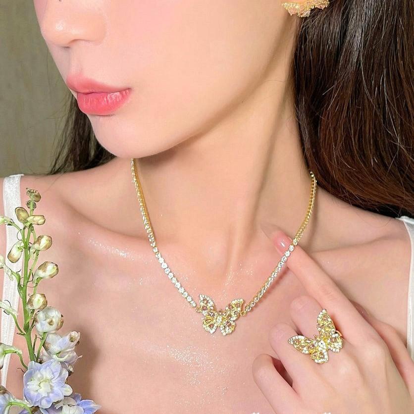 Papalacha Pink Gem Butterfly Necklace, Dancing, 18K Gold Dust Plated Love Rainbow, Zircon Earrings