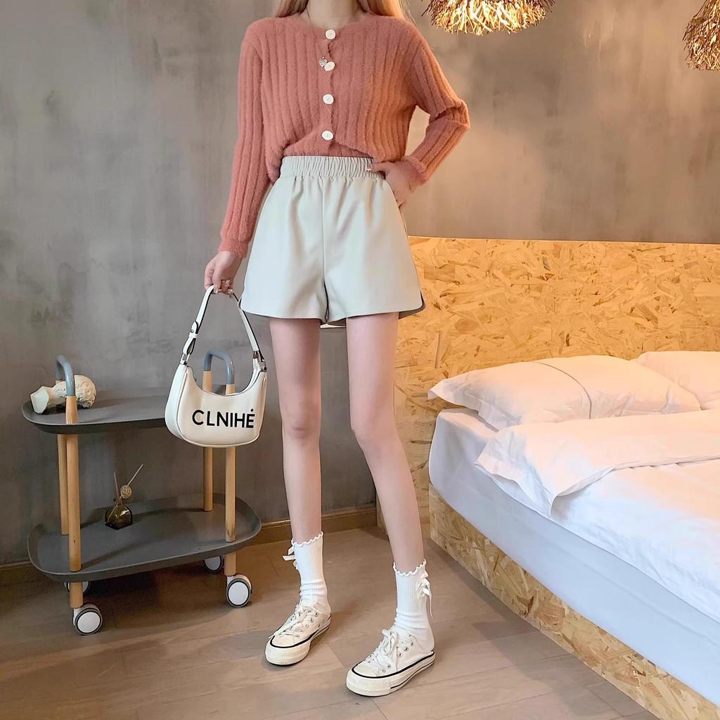 Women's High-Waisted PU Leather A-Line Shorts - Winter 2024, Versatile Wide-Leg Bootcut Pants