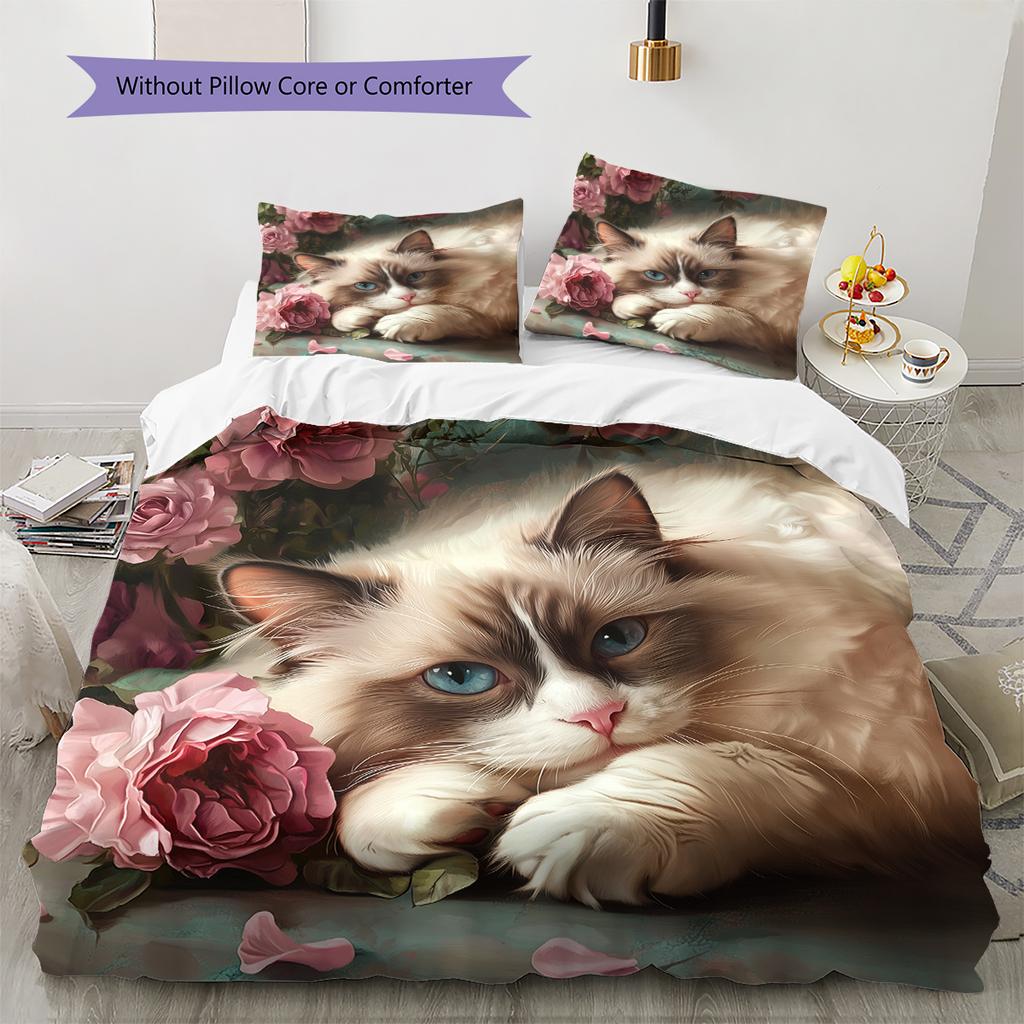Ragdoll Cat and Rose Pattern Bedding Home Decoration Birthday Gift (1 * Duvet Cover + 2 * Pillowcase, Without Core)