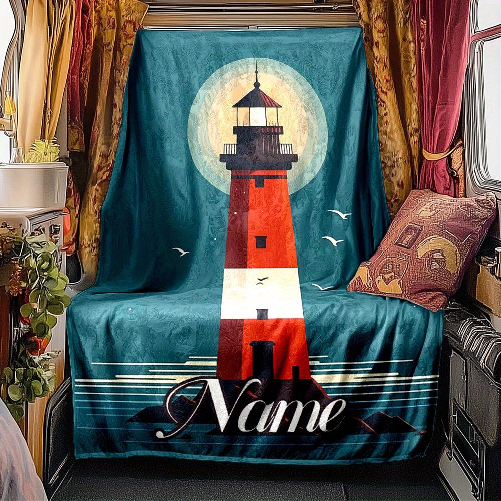 Lighthouse Sea Sunset Blanket Personalized Name Soft Comfortable Stylish Blanket Car Blanket Perfect For Travel Camping Outdoor Home Suitable For All