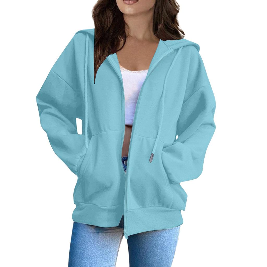 Women's Oversized Zip Up Hoodie Jacket with Pockets, Casual Long Sleeve Drawstring Hooded Sweatshirt for Fall Winter