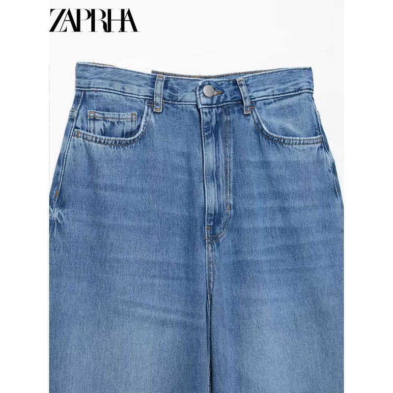 Zaprha 2025 New Retro Blue Cotton High Waist Wide Leg Elegant Simple Jeans Women Slimming 6840055
