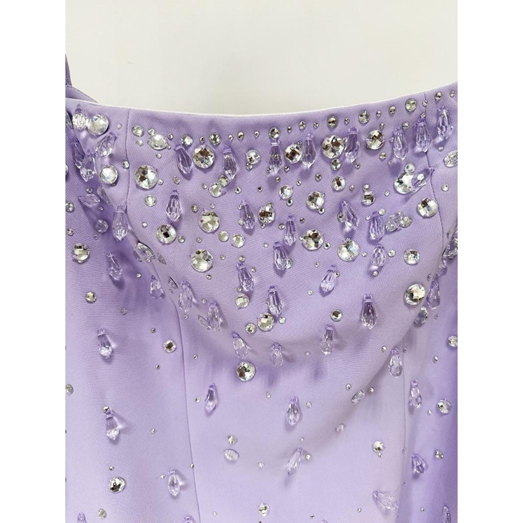 Newest Fashion Designer Vestido Women's Square Collar Beading Diamonds Long Sleeve Maxi Dress