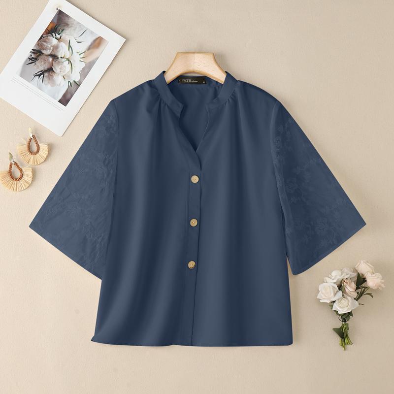 ZANZEA Women Casual V-Neck Splice Half Sleeve Loose Blouse