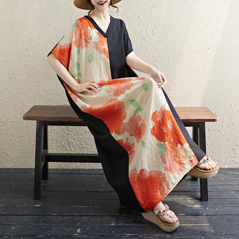 A Short-sleeved Color-blocked Long Dress with A Retro Cotton and Linen V-neck That Hides The Figure and Makes One Look Slimmer