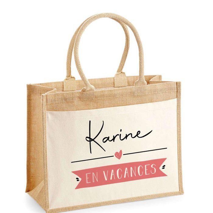 Sac de plage - PLANETEE - Jute avec poche Karine en Vacances - Coton - Multicolore - 43x33 cm