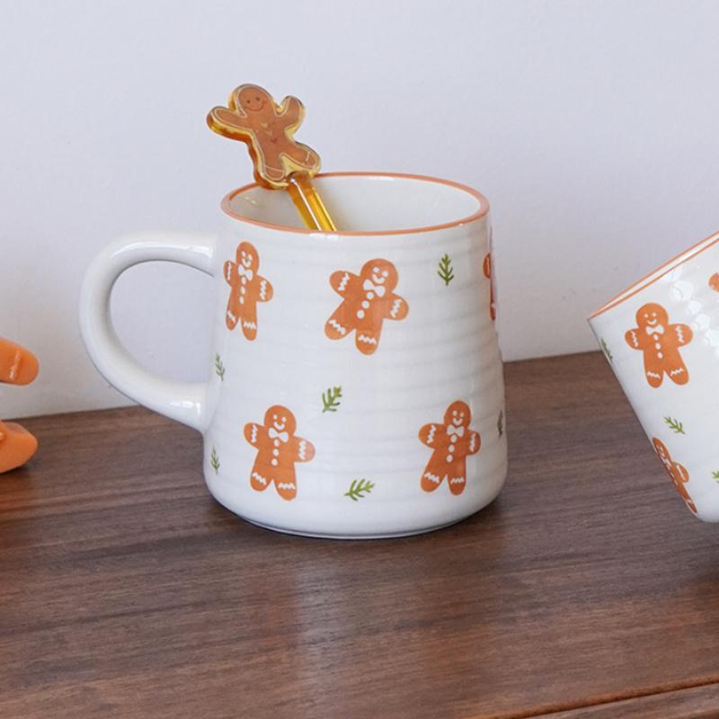 Christmas Embossed Line Mug Exquisite and Beautiful Christmas Gingerbread Man Striped Ceramic Mug Coffee Cup Suitable for Christmas Holiday Decoration