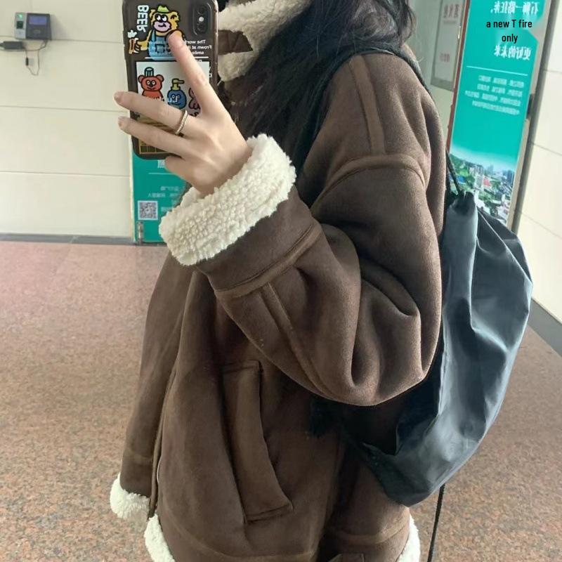 Xiaohongshu Trendy Winter Lamb Wool Stand-Up Collar Women's Motorcycle Jacket - Retro Casual Couple Style