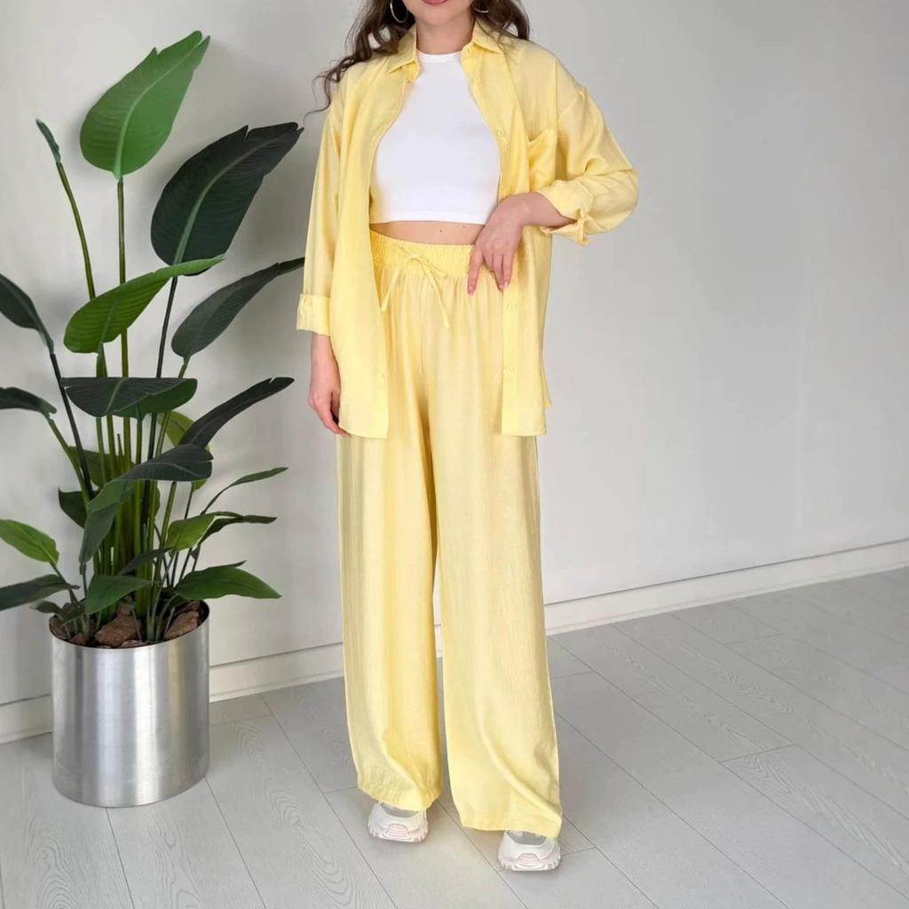 European and American women's clothing new daily casual style long-sleeved button-up shirt drawstring wide-leg pants set